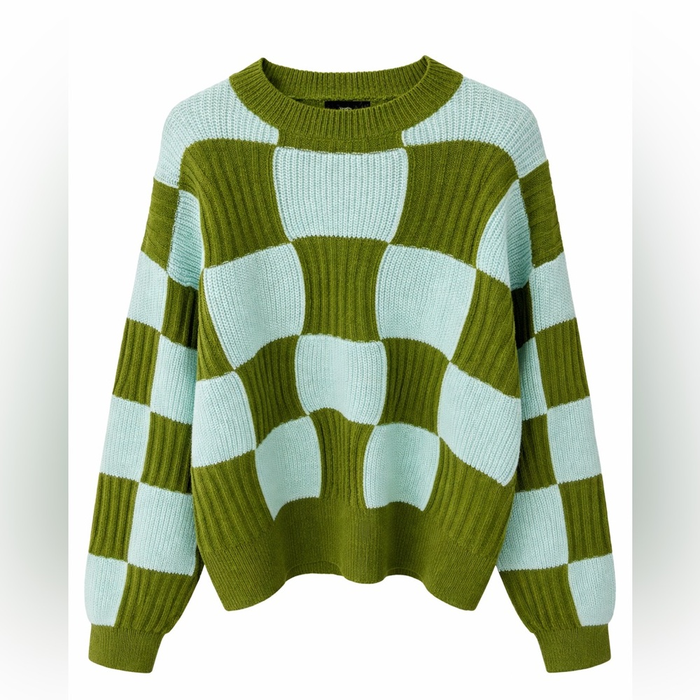 Lumiere Olive and Light Blue Checker Knit Crewneck Sweater